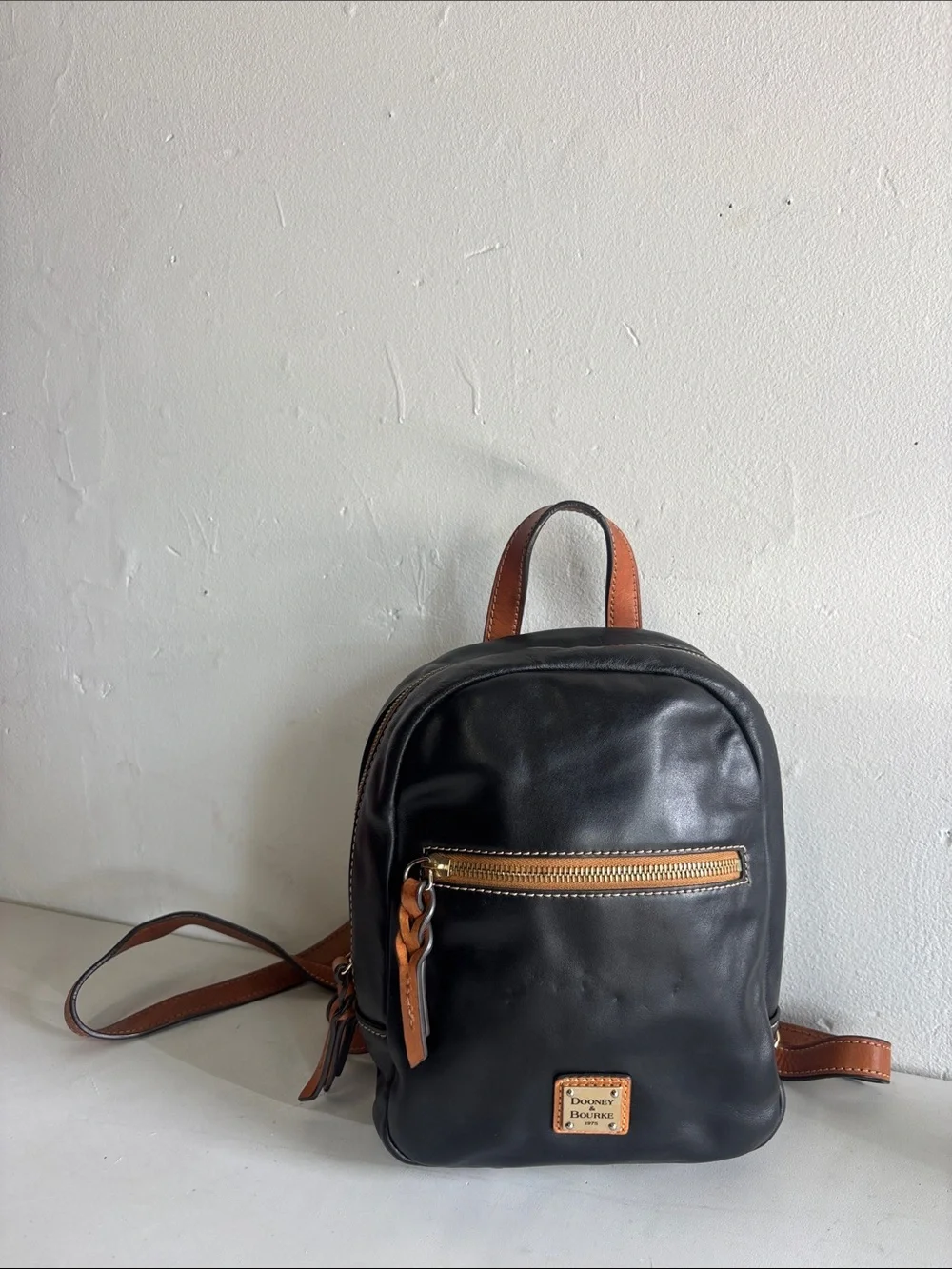 Pebble Grain Small Ronnie Black Leather Backpack with Tan Accents